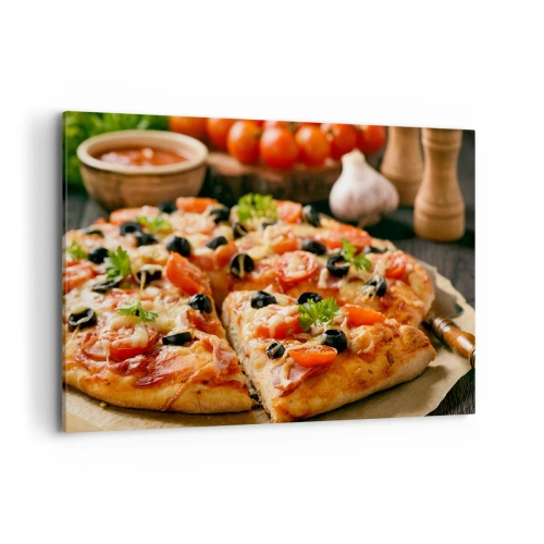Cuadro sobre lienzo - Impresión de Imagen - Pizza con tomates, aceitunas y hierbas frescas en la mesa. - 100x70cm - Delicioso aroma - Decoración de pared moderna para salón y dormitorio ARTTOR
