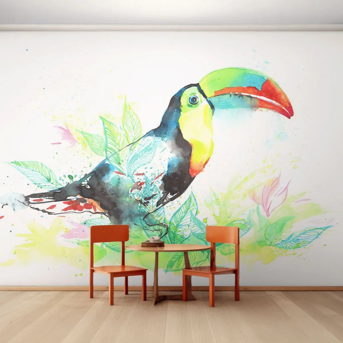 Fotomural Premium Sand - Tucán colorido en una ilustración de acuarela tropical - 100x70cm - Colorido como América del Sur - Decoración de pared moderna para salón y dormitorio ARTTOR