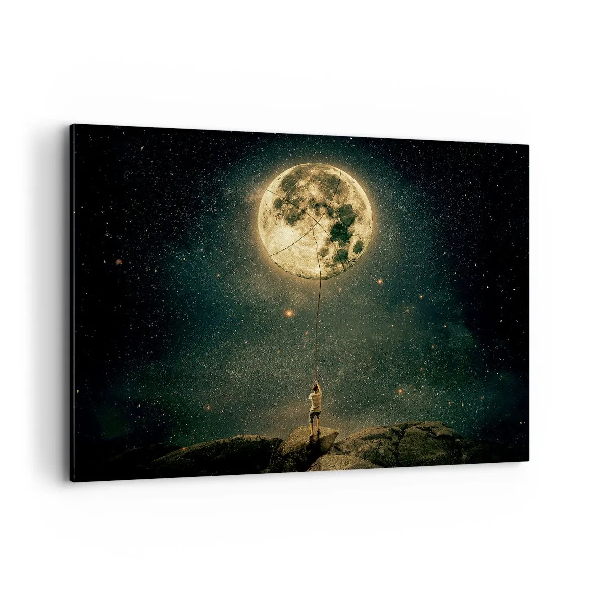 Cuadro sobre lienzo - Impresión de Imagen - Hombre con la luna contra el cielo estrellado - 100x70cm - El que robó la luna - Decoración de pared moderna para salón y dormitorio ARTTOR