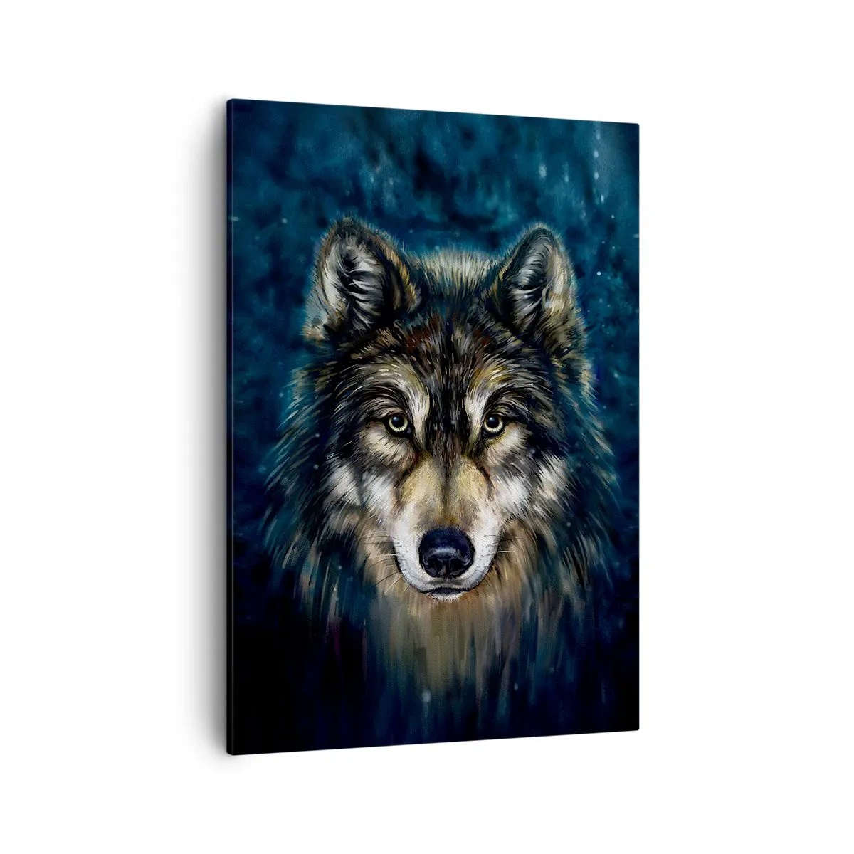 Cuadro sobre lienzo - Impresión de Imagen - Retrato de un lobo sobre un fondo azul oscuro - 50x70cm - ¿Alfa? Y omega - Decoración de pared moderna para salón y dormitorio ARTTOR
