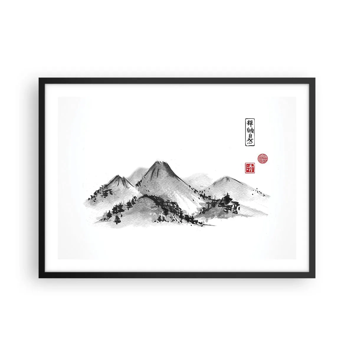 Póster en marco negro - Paisaje de montaña tradicional al estilo de la pintura de tinta japonesa. - 70x50cm - Más allá de lo lejano - Decoración de pared moderna para salón y dormitorio ARTTOR