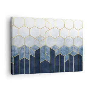 Cuadro sobre lienzo - Impresión de Imagen - Patrón geométrico en tonos dorados y azul marino. - 70x50cm - Composición rítmica visual - Decoración de pared moderna para salón y dormitorio ARTTOR