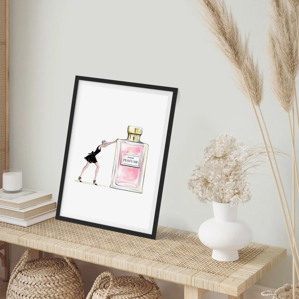 Póster en marco negro - Ilustración de un frasco de perfume con la silueta de una mujer con un vestido. - 50x70cm - La esencia de la feminidad - Decoración de pared moderna para salón y dormitorio ARTTOR
