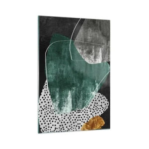 Cuadro sobre vidrio - Impresiones sobre Vidrio - Composición abstracta con formas verdes y patrones de puntos. - 70x100cm - Abstracción colorista con un copo de oro - Decoración de pared moderna para salón y dormitorio ARTTOR