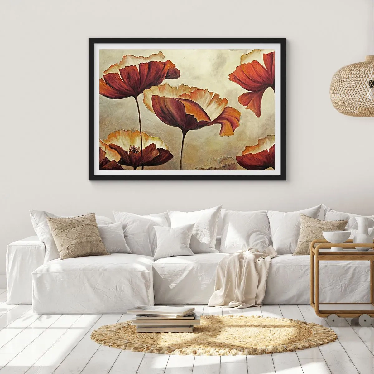 Póster en marco negro - Flores sutiles en tonos rojos y dorados sobre un fondo claro. - 100x70cm - Prado de prados - Decoración de pared moderna para salón y dormitorio ARTTOR
