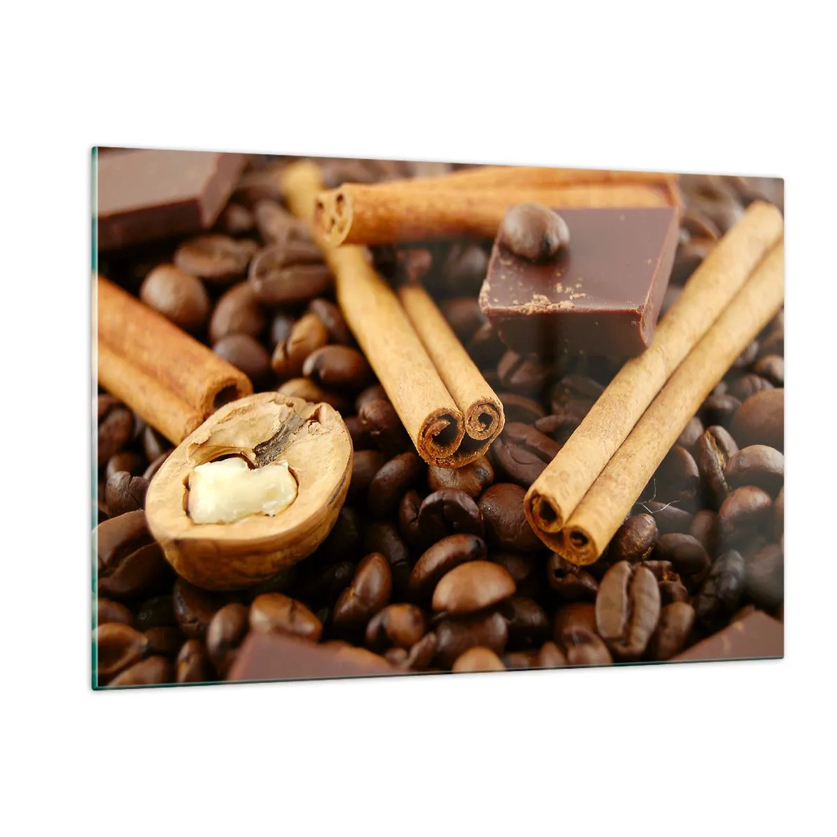 Cuadro sobre vidrio - Impresiones sobre Vidrio - Primer plano de café, canela, chocolate y nueces - 120x80cm - Concierto de aromas - Decoración de pared moderna para salón y dormitorio ARTTOR