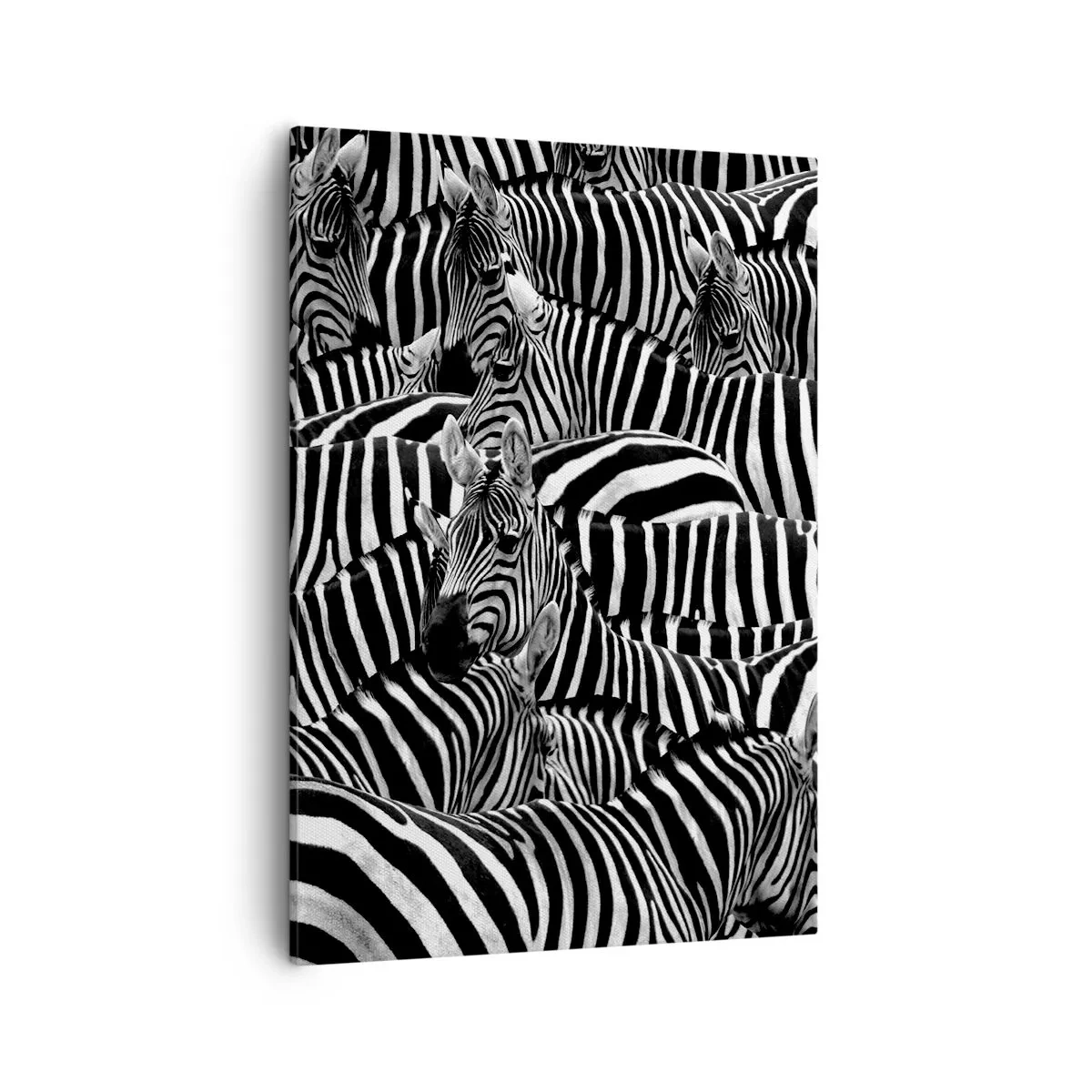Cuadro sobre lienzo - Impresión de Imagen - Un grupo de cebras con rayas blancas y negras que crean un patrón de simetría. - 50x70cm - Retrato a rayas - Decoración de pared moderna para salón y dormitorio ARTTOR