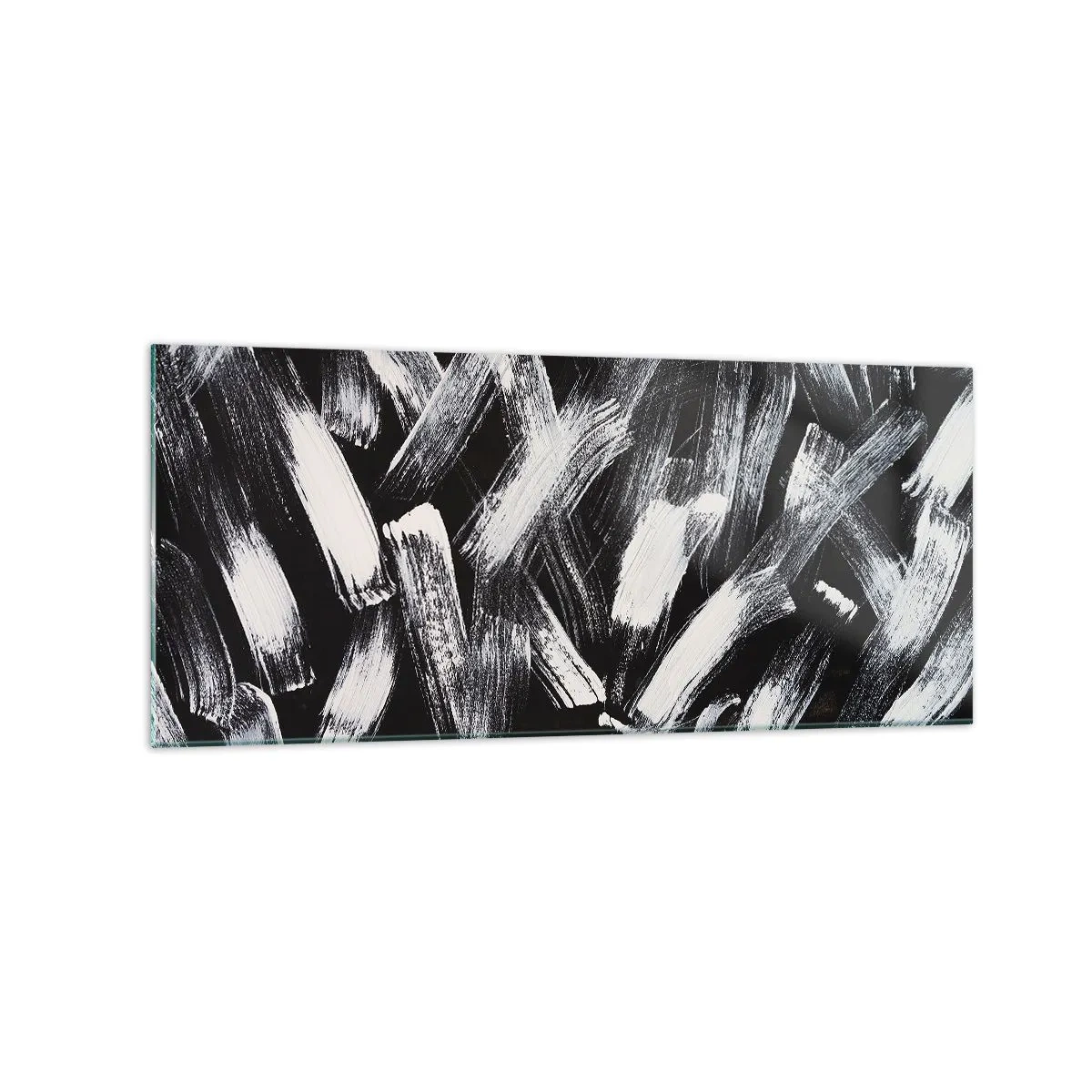 Cuadro sobre vidrio - Impresiones sobre Vidrio - Abstracción dinámica con pinceladas blancas sobre fondo negro. - 120x50cm - Abstracción en el espíritu industrial - Decoración de pared moderna para salón y dormitorio ARTTOR