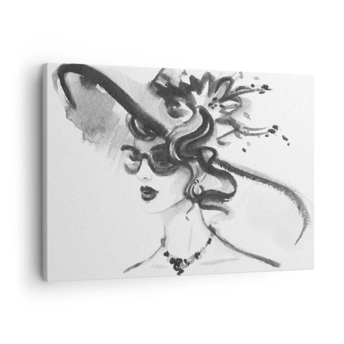 Cuadro sobre lienzo - Impresión de Imagen - Mujer elegante con sombrero en estilo blanco y negro - 70x50cm - Una dama con carácter - Decoración de pared moderna para salón y dormitorio ARTTOR