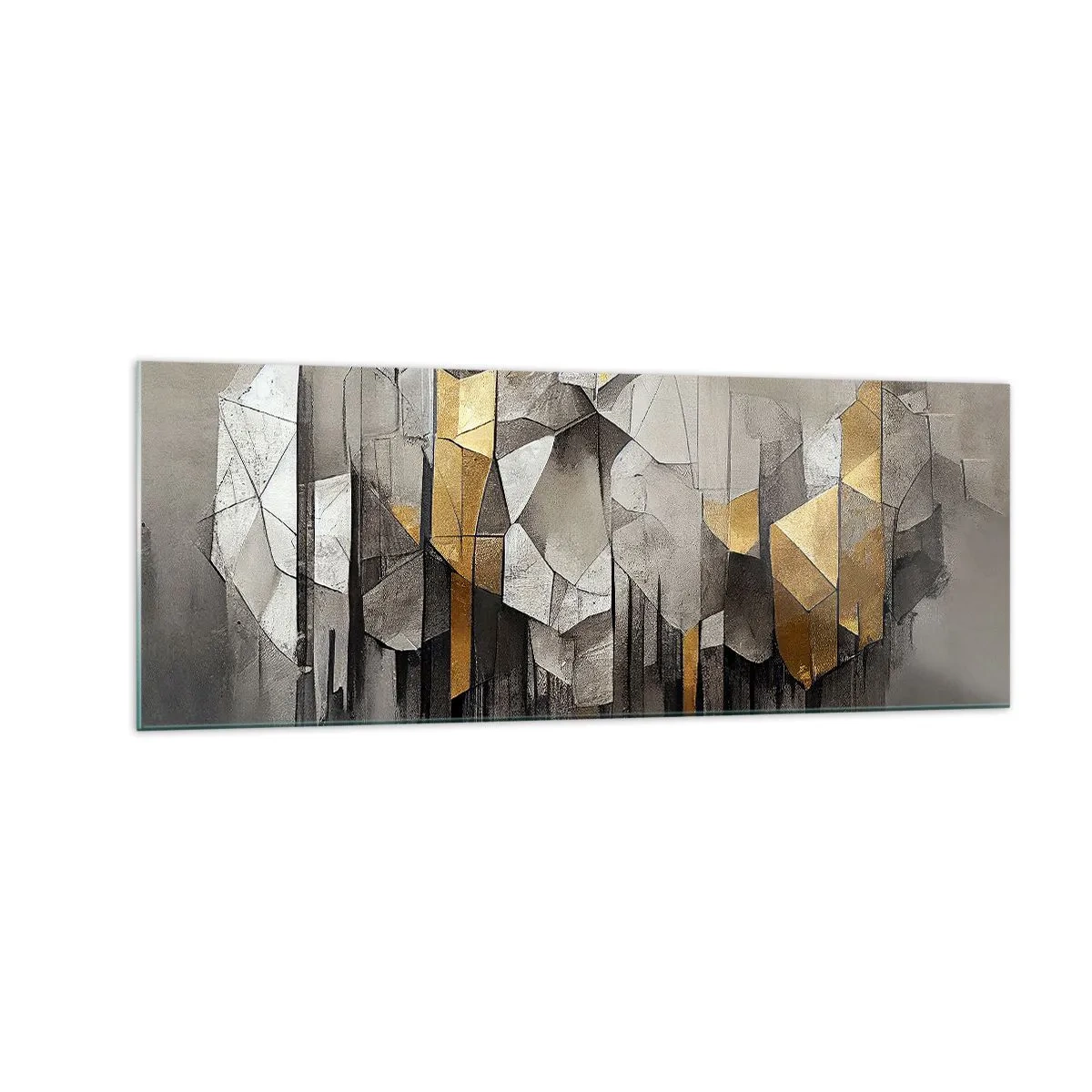 Cuadro sobre vidrio - Impresiones sobre Vidrio - Abstracción geométrica en tonos dorados y grises. - 140x50cm - Composición hecha de hielo y luz - Decoración de pared moderna para salón y dormitorio ARTTOR