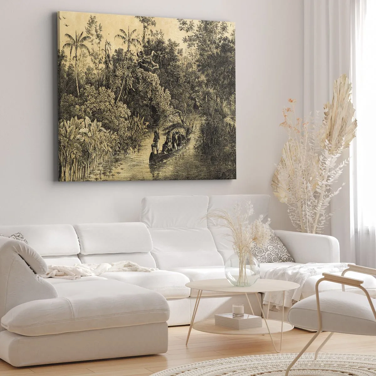 Cuadro sobre lienzo - Impresión de Imagen - Dibujo de una jungla con un barco en un río. - 70x50cm - Expedición a la fuente - Decoración de pared moderna para salón y dormitorio ARTTOR