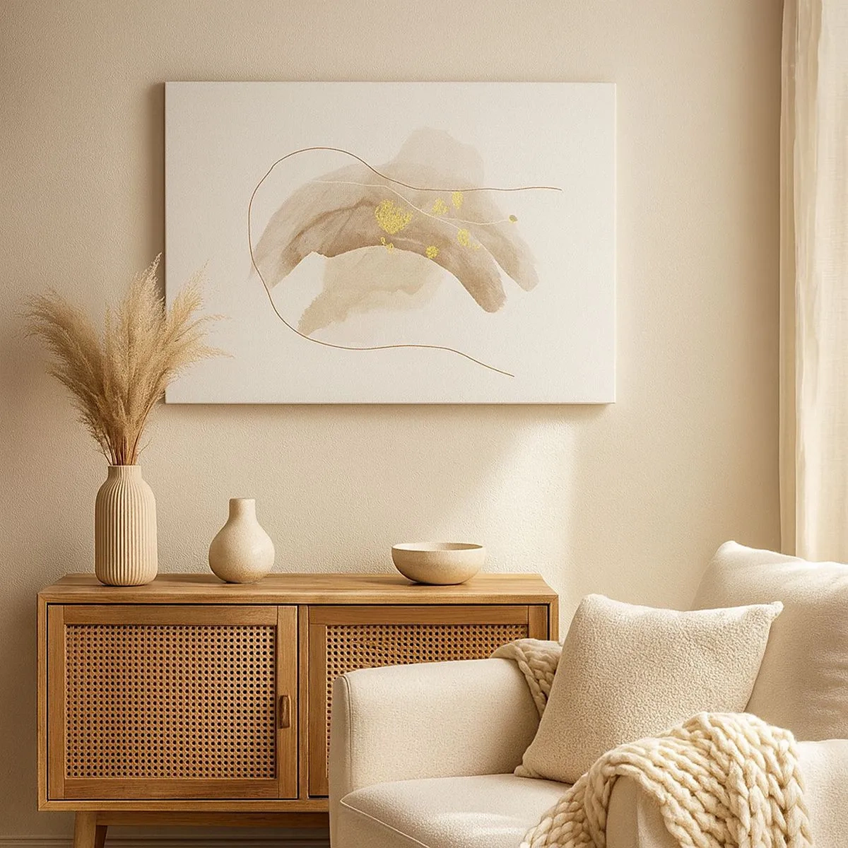 Cuadro sobre lienzo - Impresión de Imagen - Una composición abstracta en tonos beige y dorado. - 70x50cm - Encontrado en el espacio - Decoración de pared moderna para salón y dormitorio ARTTOR