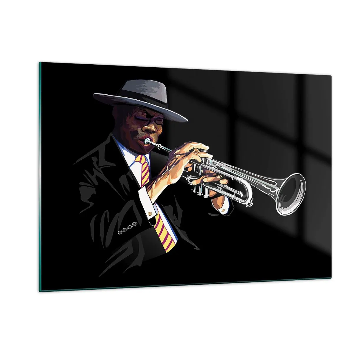 Cuadro sobre vidrio - Impresiones sobre Vidrio - Un músico negro con una trompeta y un sombrero sobre un fondo negro. - 120x80cm - El encanto de la vieja escuela - Decoración de pared moderna para salón y dormitorio ARTTOR