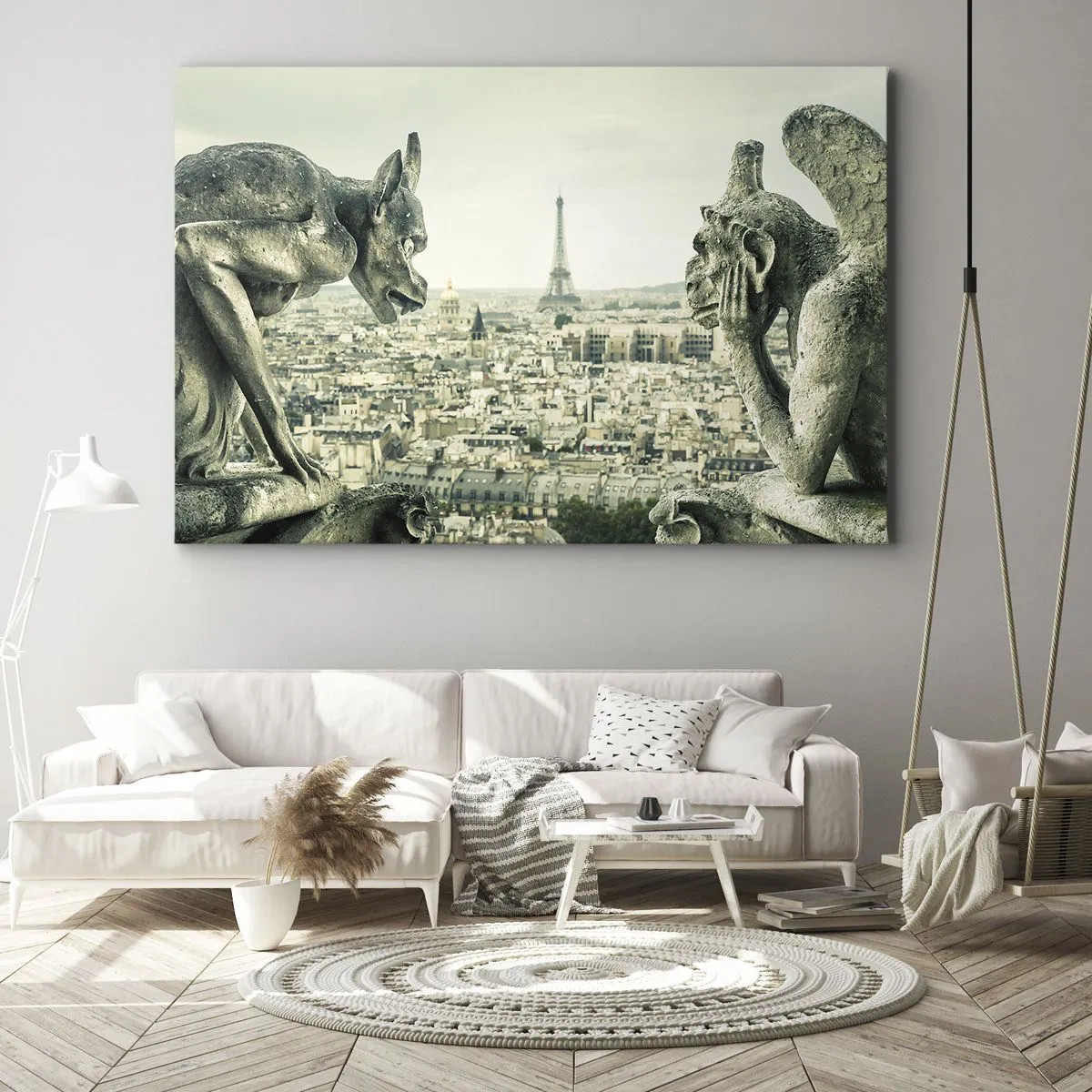 Cuadro sobre lienzo - Impresión de Imagen - Gárgolas con vistas al horizonte de París y a la Torre Eiffel - 70x50cm - Charlas parisinas - Decoración de pared moderna para salón y dormitorio ARTTOR