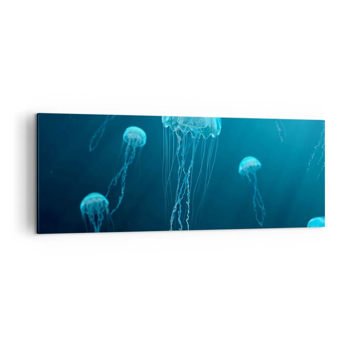 Cuadro sobre lienzo - Impresión de Imagen - Medusas flotando en las profundidades del océano en tonos azules. - 140x50cm - Danza oceánica - Decoración de pared moderna para salón y dormitorio ARTTOR