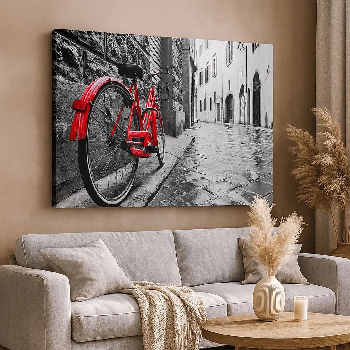 Cuadro sobre lienzo - Impresión de Imagen - Bicicleta roja en una calle en blanco y negro - 70x50cm - La verdadera belleza no envejece - Decoración de pared moderna para salón y dormitorio ARTTOR