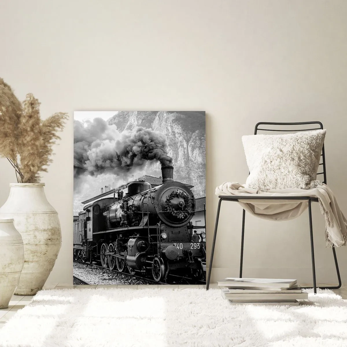 Cuadro sobre vidrio - Impresiones sobre Vidrio - Un antiguo tren de vapor en un paisaje montañoso. - 50x70cm - Rumbo a la estación... - Decoración de pared moderna para salón y dormitorio ARTTOR