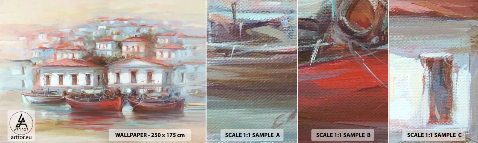 Muestra de fotomural autoadhesivo Deluxe Sticker - Ciudad feliz - Arquitectura, Velero, Puerto - 100x30 cm