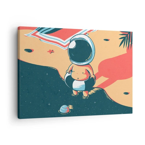Cuadro sobre lienzo - Impresión de Imagen - Astronauta divertido en la playa con elementos espaciales de fondo. - 70x50cm - Desde una perspectiva diferente - Decoración de pared moderna para salón y dormitorio ARTTOR