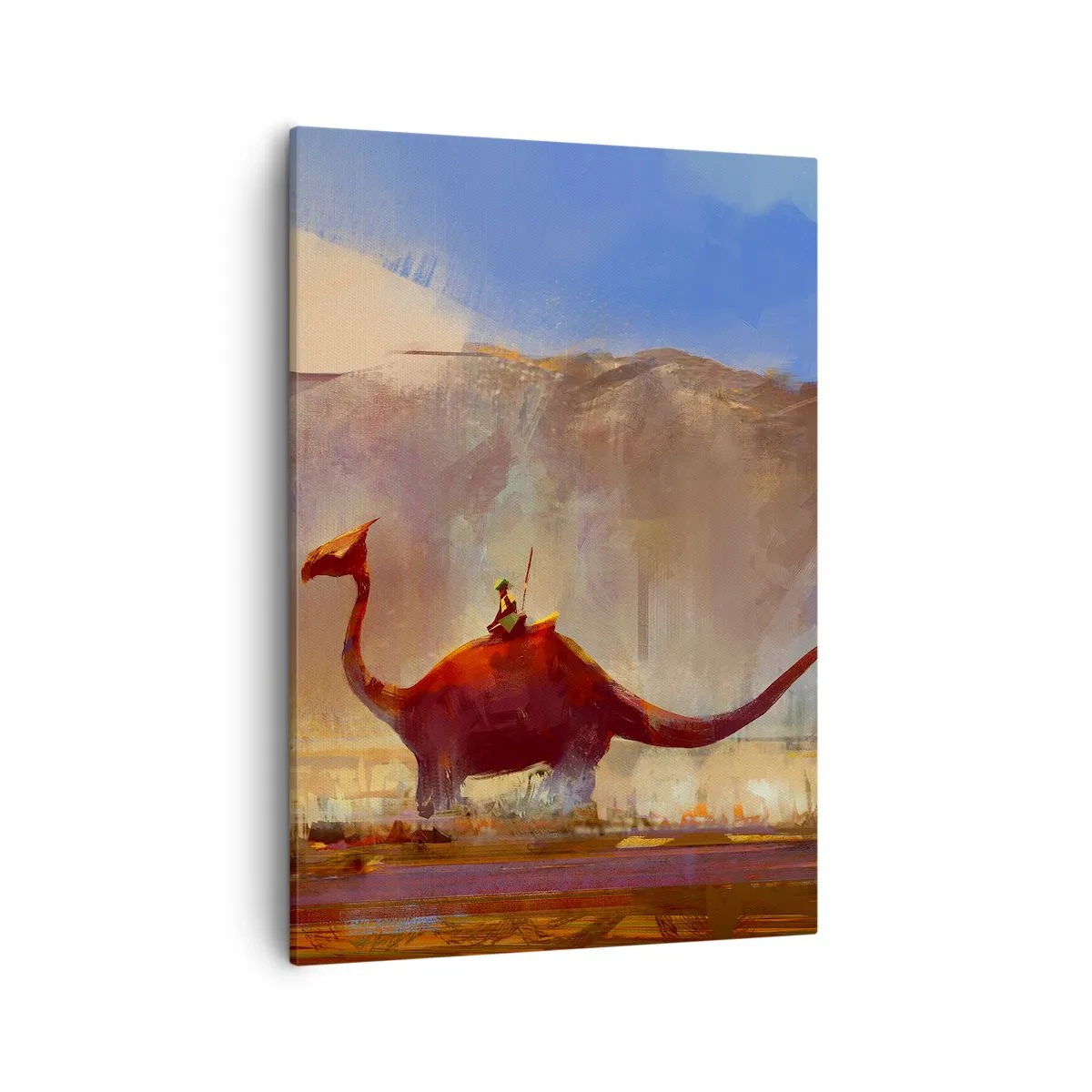 Cuadro sobre lienzo - Impresión de Imagen - Una escena de fantasía con un jinete sobre una criatura prehistórica. - 50x70cm - Si no se hubieran extinguido - Decoración de pared moderna para salón y dormitorio ARTTOR