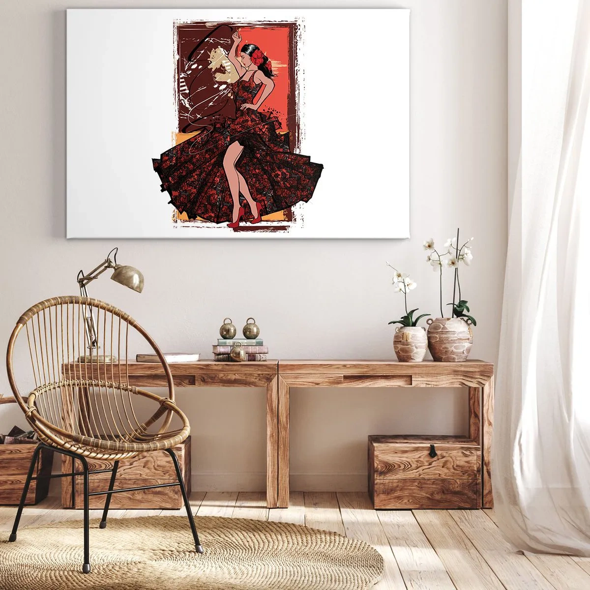 Cuadro sobre lienzo - Impresión de Imagen - Una bailarina con un vestido rojo y negro sobre un fondo artístico. - 120x80cm - El ritmo del corazón - Decoración de pared moderna para salón y dormitorio ARTTOR
