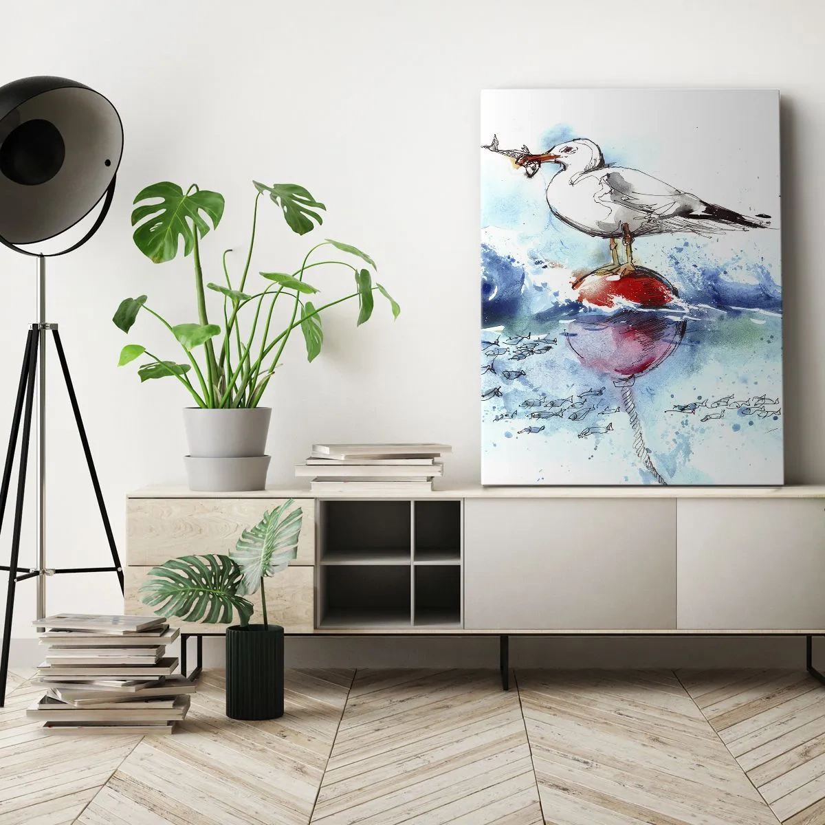 Cuadro sobre lienzo - Impresión de Imagen - Gaviota en una boya con peces al fondo en estilo acuarela - 70x100cm - Una captura exitosa - Decoración de pared moderna para salón y dormitorio ARTTOR