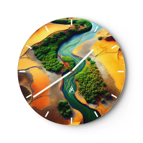 Reloj de pared - Reloj de vidrio - Un río que serpentea a través de un paisaje verde desértico. - 30x30cm - Río que da vida - Decoración de pared moderna para salón, cocina y dormitorio ARTTOR