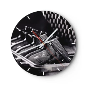Reloj de pared - Reloj de vidrio - Motivo en blanco y negro con detalle de arma de fuego. - 30x30cm - ¡Fuego! - Decoración de pared moderna para salón, cocina y dormitorio ARTTOR