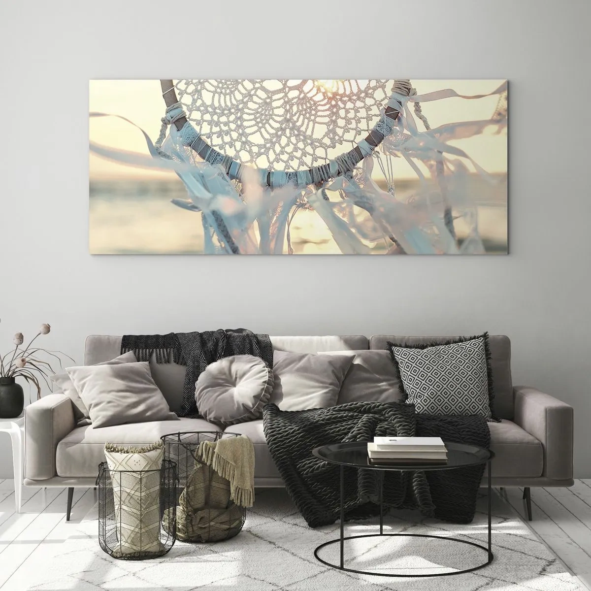 Cuadro sobre vidrio - Impresiones sobre Vidrio - Un delicado atrapasueños con el sol poniente como telón de fondo. - 120x50cm - Tótem sagrado - Decoración de pared moderna para salón y dormitorio ARTTOR
