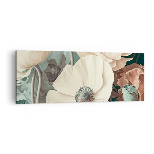 Cuadro sobre lienzo - Impresión de Imagen - Elegantes flores en tonos pastel sobre un fondo verde. - 140x50cm - Susurro de amapolas - Decoración de pared moderna para salón y dormitorio ARTTOR