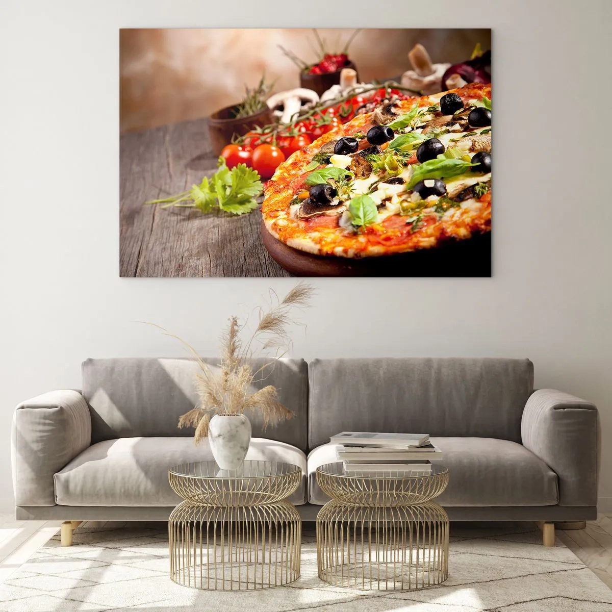 Cuadro sobre vidrio - Impresiones sobre Vidrio - Pizza con aceitunas, champiñones y hierbas frescas sobre una mesa de madera. - 120x80cm - De ingredientes puros - Decoración de pared moderna para salón y dormitorio ARTTOR