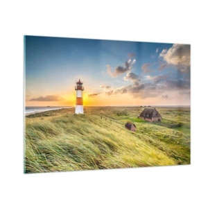 Cuadro sobre vidrio - Impresiones sobre Vidrio - Un faro al atardecer sobre un mar tempestuoso - 100x70cm - Entre las olas - Decoración de pared moderna para salón y dormitorio ARTTOR