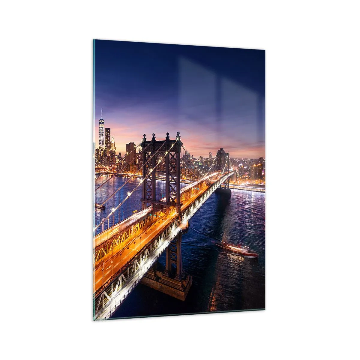 Cuadro sobre vidrio - Impresiones sobre Vidrio - El puente y el panorama de la ciudad al atardecer. - 70x100cm - Un puente luminoso hacia el corazón de la ciudad - Decoración de pared moderna para salón y dormitorio ARTTOR