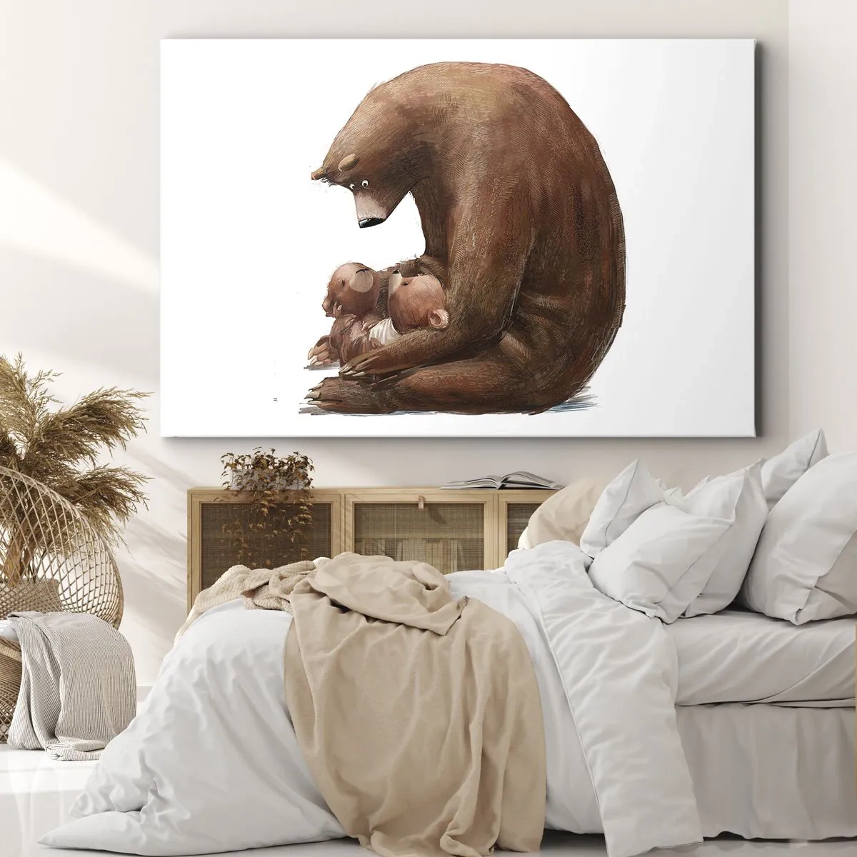 Cuadro sobre lienzo - Impresión de Imagen - Una madre osa con dos ositos en sus brazos. - 70x50cm - Dulces sueños, niños - Decoración de pared moderna para salón y dormitorio ARTTOR