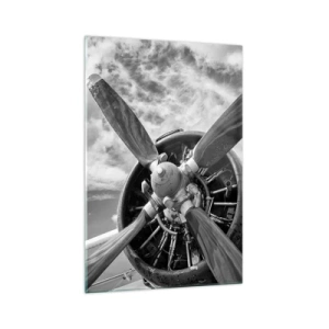 Cuadro sobre vidrio - Impresiones sobre Vidrio - Una fotografía en blanco y negro de la hélice de un avión contra un cielo dinámico. - 70x100cm - Conquistador de los cielos - Decoración de pared moderna para salón y dormitorio ARTTOR