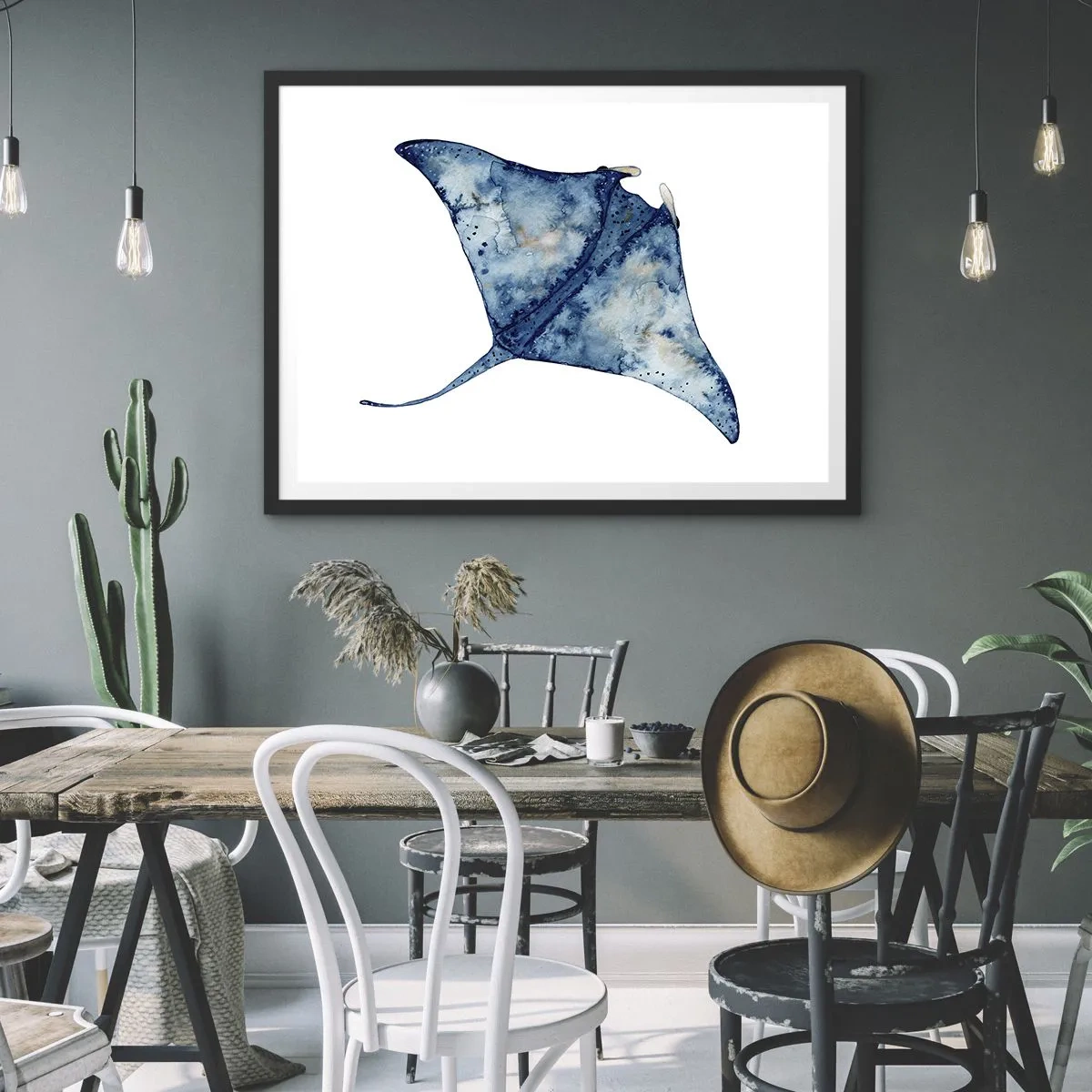Póster en marco negro - Raya azul en estilo acuarela sobre fondo blanco - 70x50cm - La vida en azul - Decoración de pared moderna para salón y dormitorio ARTTOR
