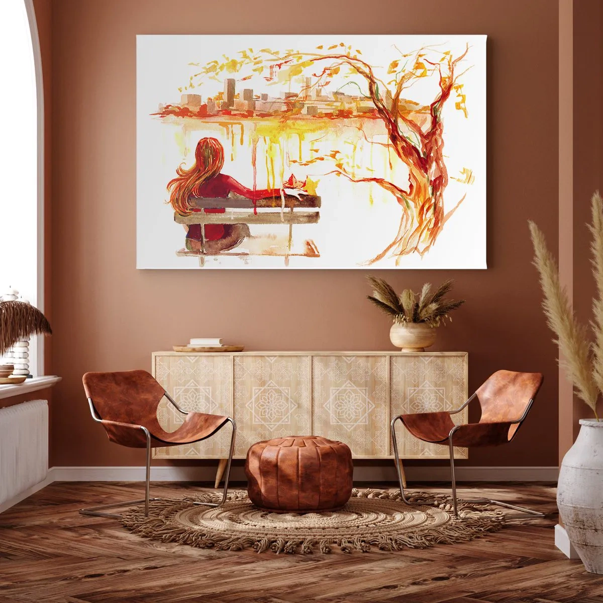 Cuadro sobre lienzo - Impresión de Imagen - Escena de acuarela de una mujer en un banco con vistas a la ciudad. - 70x50cm - Un momento de reflexión - Decoración de pared moderna para salón y dormitorio ARTTOR