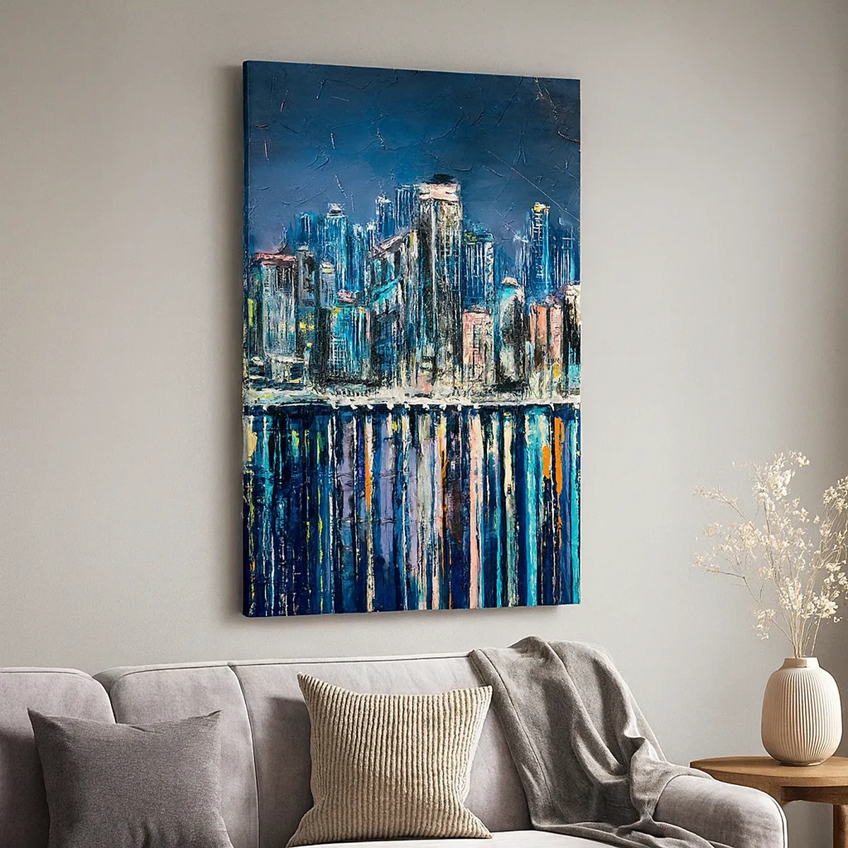 Cuadro sobre lienzo - Impresión de Imagen - Panorama de la ciudad nocturna reflejada en el agua. - 50x70cm - Una cascada de luces - Decoración de pared moderna para salón y dormitorio ARTTOR
