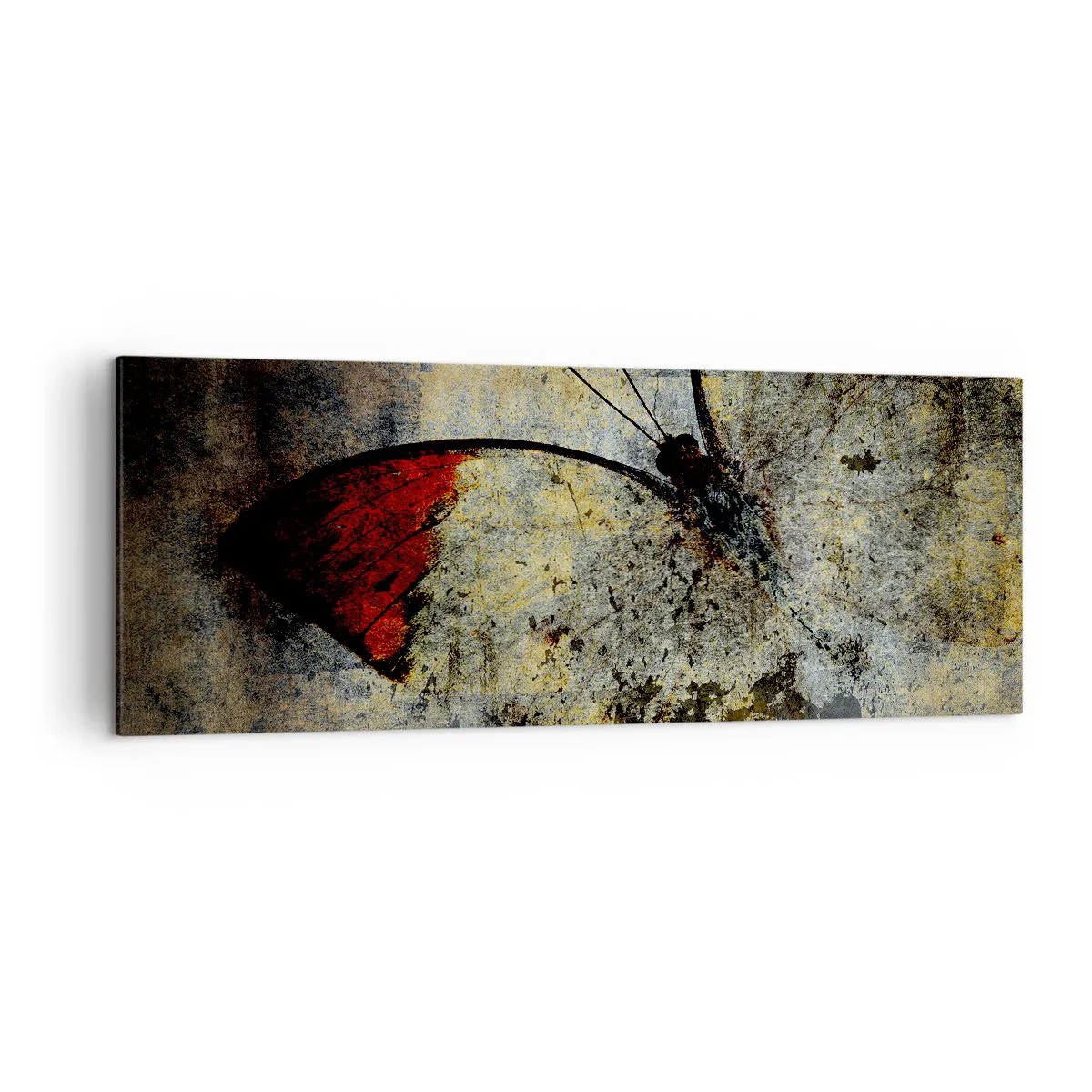Cuadro sobre lienzo - Impresión de Imagen - Una mariposa en tonos rojos y grises sobre un fondo texturizado. - 140x50cm - Mira antes de que desaparezca - Decoración de pared moderna para salón y dormitorio ARTTOR