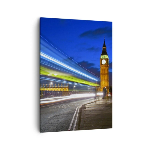 Cuadro sobre lienzo - Impresión de Imagen - El Big Ben de noche con el efecto de las luces en el tráfico de la calle. - 50x70cm - Bajo la mirada del Big Ben - Decoración de pared moderna para salón y dormitorio ARTTOR