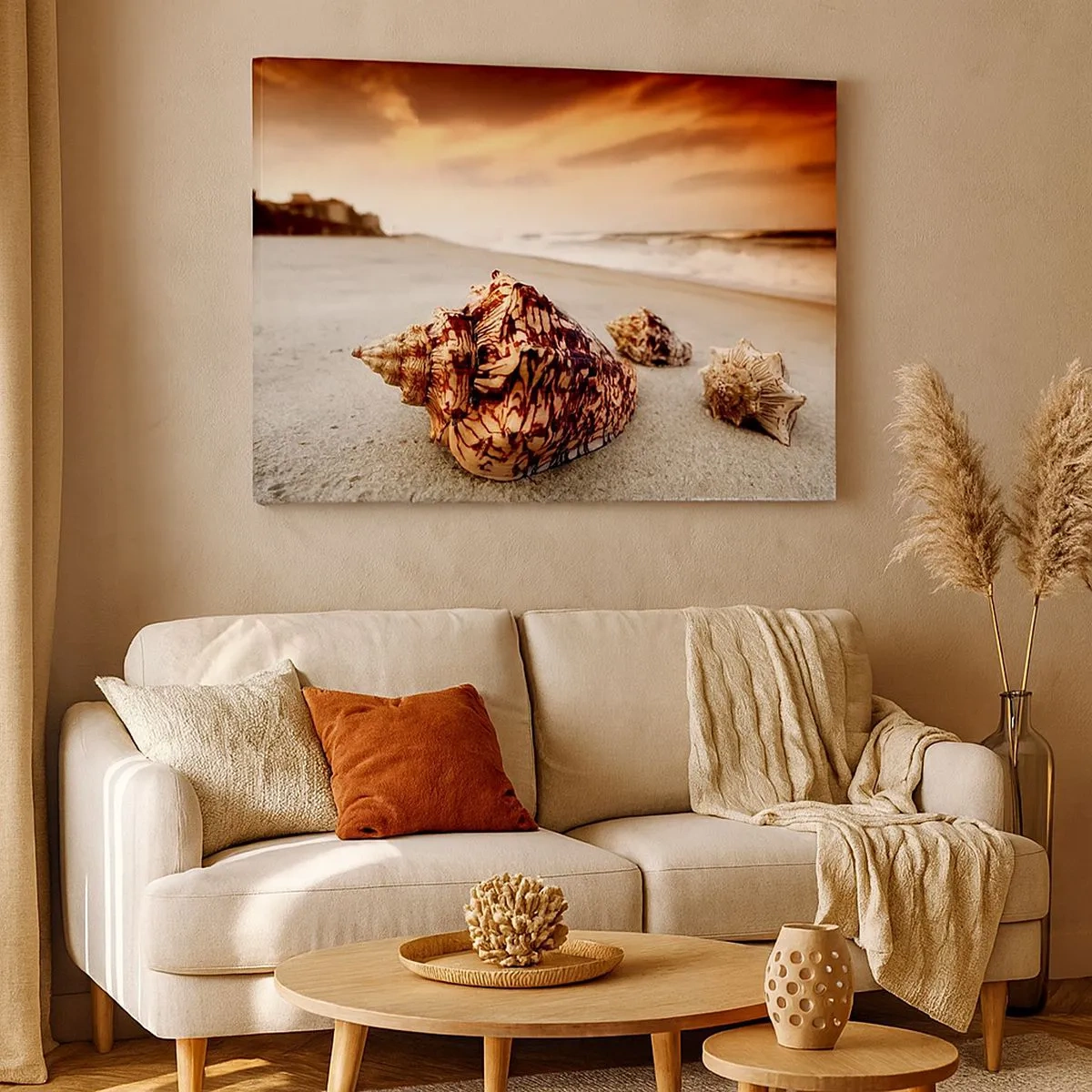 Cuadro sobre lienzo - Impresión de Imagen - Conchas en la playa al atardecer - 70x50cm - Los exiliados de las olas - Decoración de pared moderna para salón y dormitorio ARTTOR