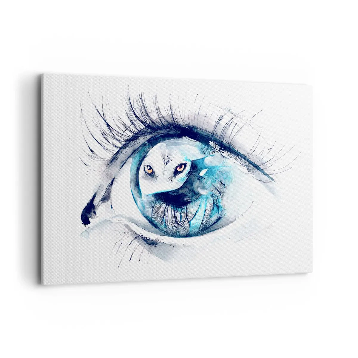 Cuadro sobre lienzo - Impresión de Imagen - Un ojo con la imagen de un búho en tonos de acuarela azul. - 100x70cm - Ojo con la naturaleza - Decoración de pared moderna para salón y dormitorio ARTTOR