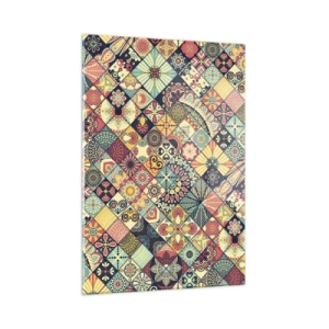 Cuadro sobre vidrio - Impresiones sobre Vidrio - Un patrón colorido inspirado en los azulejos marroquíes con motivos geométricos. - 50x70cm - Clima marroquí - Decoración de pared moderna para salón y dormitorio ARTTOR