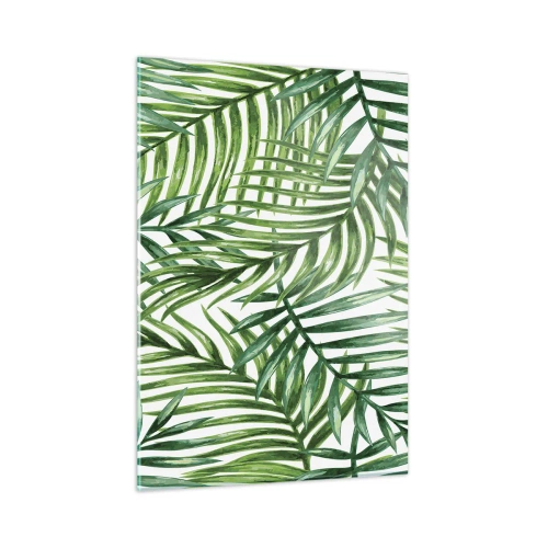 Cuadro sobre vidrio - Impresiones sobre Vidrio - Hojas de palma verdes sobre un fondo blanco que crean un patrón geométrico. - 50x70cm - Bajo el verde - Decoración de pared moderna para salón y dormitorio ARTTOR