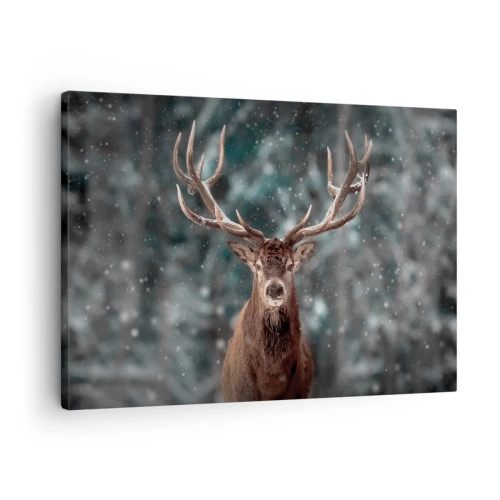 Cuadro sobre lienzo - Impresión de Imagen - Ciervos en un bosque invernal con nieve cayendo - 70x50cm - Coronado rey del bosque - Decoración de pared moderna para salón y dormitorio ARTTOR