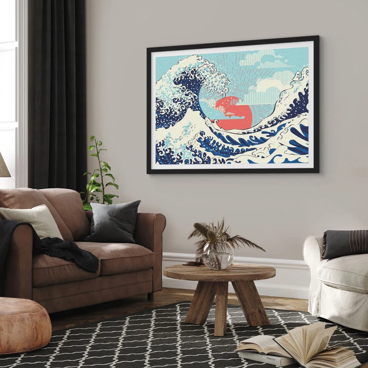 Póster en marco negro - Olas del océano y una puesta de sol al estilo japonés - 70x50cm - De inspiración japonesa - Decoración de pared moderna para salón y dormitorio ARTTOR