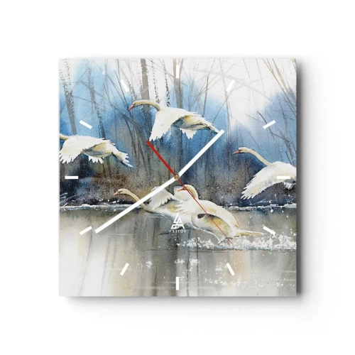 Reloj de pared - Reloj de vidrio - Cisnes en vuelo sobre un lago congelado en un paisaje invernal - 30x30cm - Como en un cuento de cisnes salvajes - Decoración de pared moderna para salón y dormitorio ARTTOR