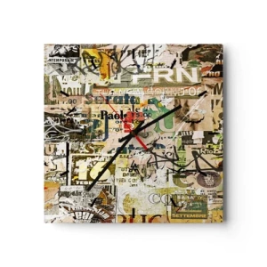 Reloj de pared - Reloj de vidrio - Un collage de fragmentos de periódicos y carteles en estilo artístico. - 30x30cm - Oh, está sucediendo... - Decoración de pared moderna para salón y dormitorio ARTTOR