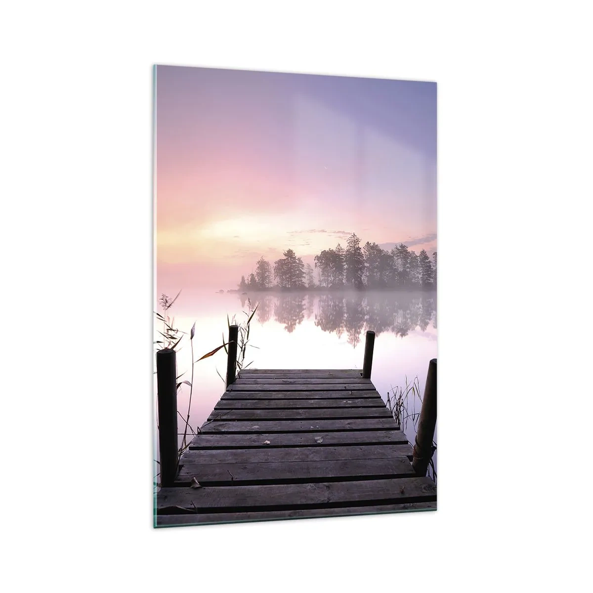 Cuadro sobre vidrio - Impresiones sobre Vidrio - Un embarcadero junto al lago al amanecer con niebla y un cielo pastel. - 70x100cm - De la niebla lila... - Decoración de pared moderna para salón y dormitorio ARTTOR