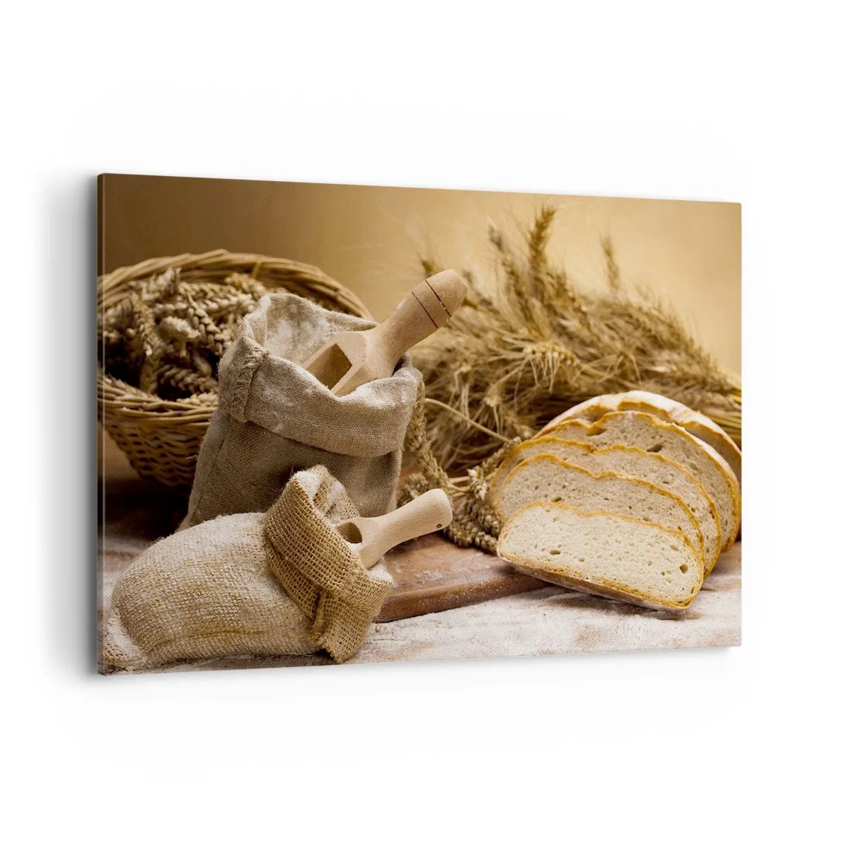 Cuadro sobre lienzo - Impresión de Imagen - Un paisaje con pan, harina y espigas de trigo en estilo rústico. - 120x80cm - Corte perfecto - Decoración de pared moderna para salón y dormitorio ARTTOR